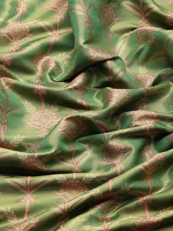 Green Brocade Zari Woven Floral Saree with Unstitched Blouse