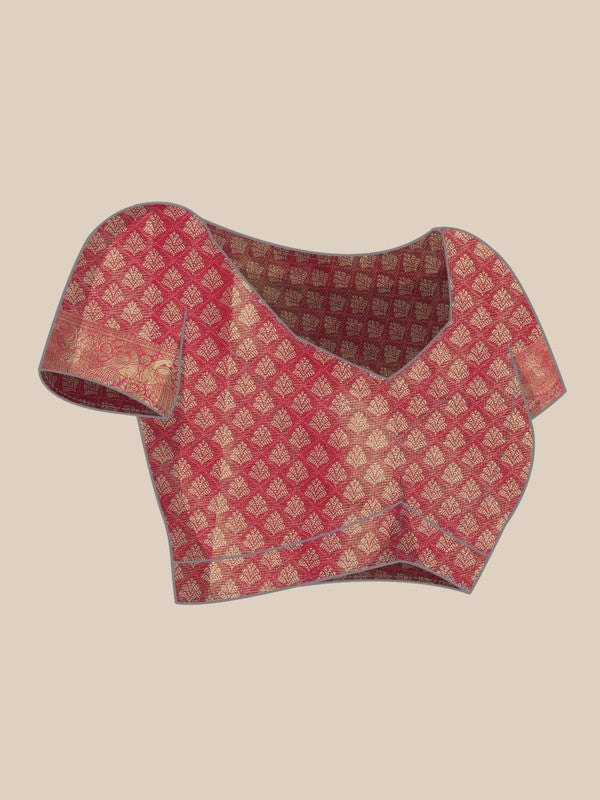 Green Brocade Zari Woven Floral Saree with Unstitched Blouse