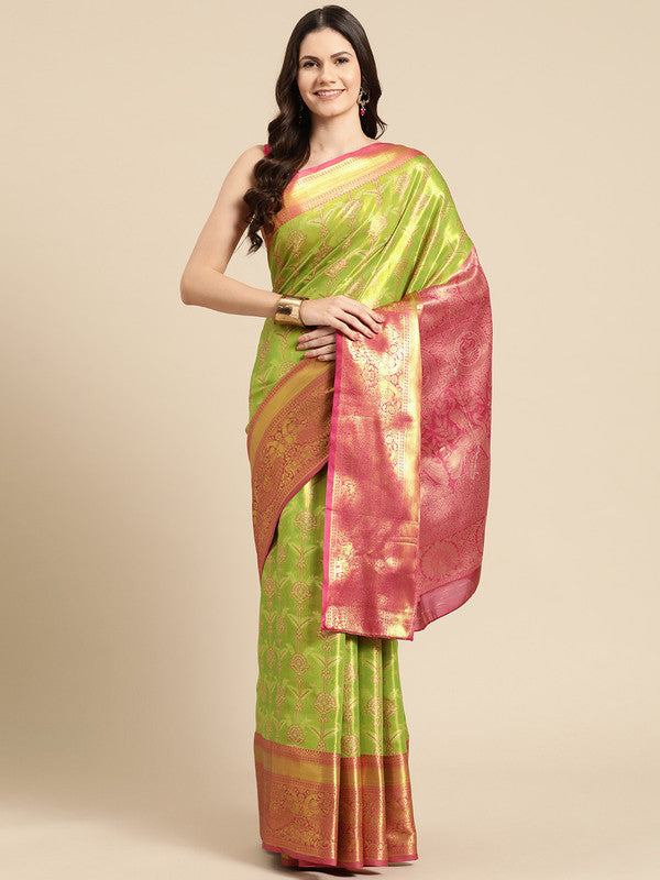 Green brocade zari woven floral saree with matching unstitched blouse