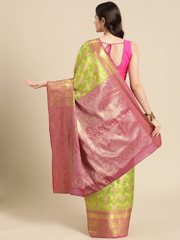 Green Brocade Zari Woven Floral Saree with Unstitched Blouse