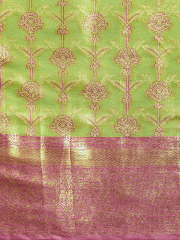 Green Brocade Zari Woven Floral Saree with Unstitched Blouse