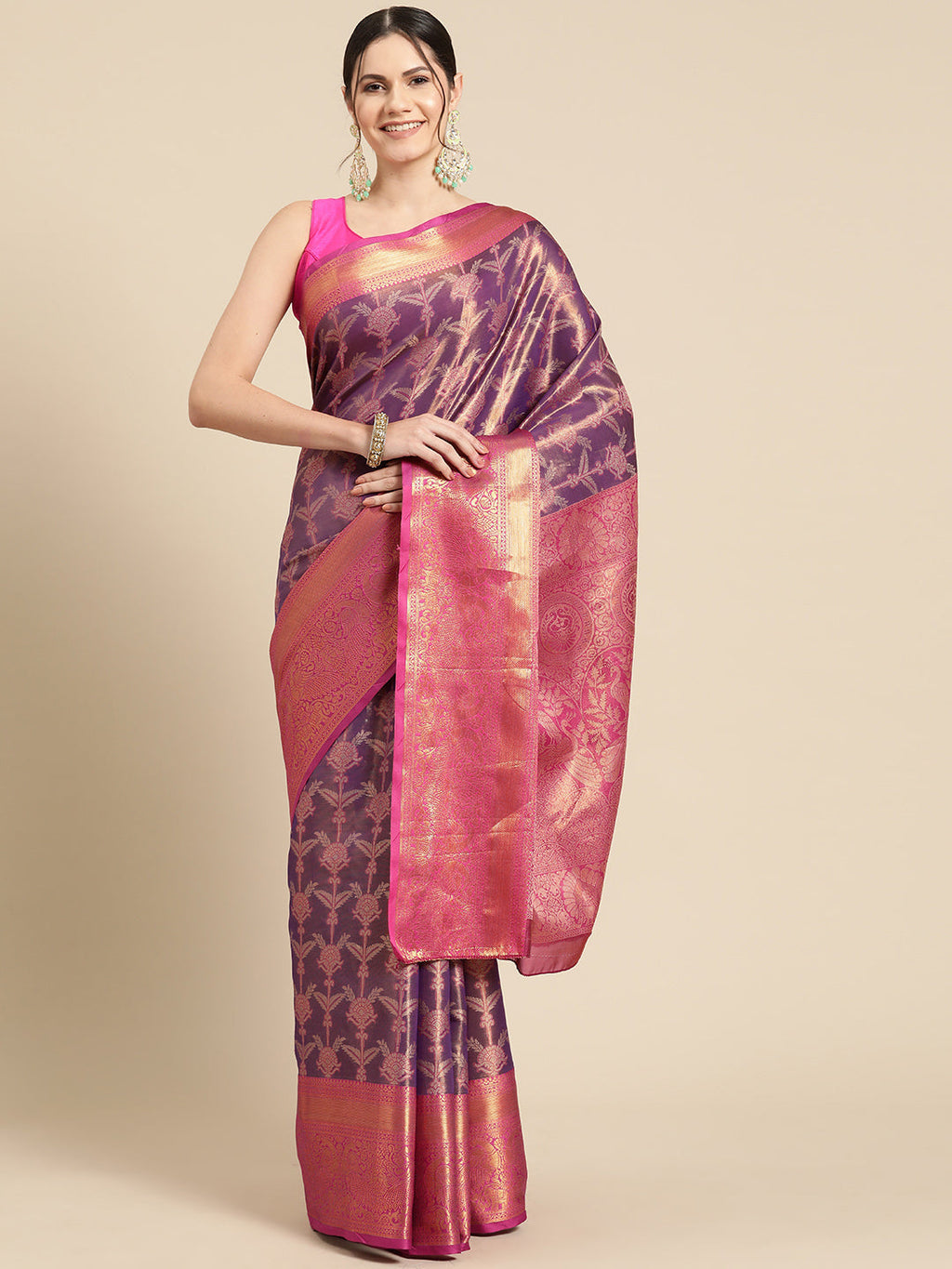 Purple Brocade floral saree with gold Zari weaving and unstitched blouse piece