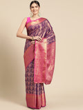 Purple Brocade floral saree with gold Zari weaving and unstitched blouse piece