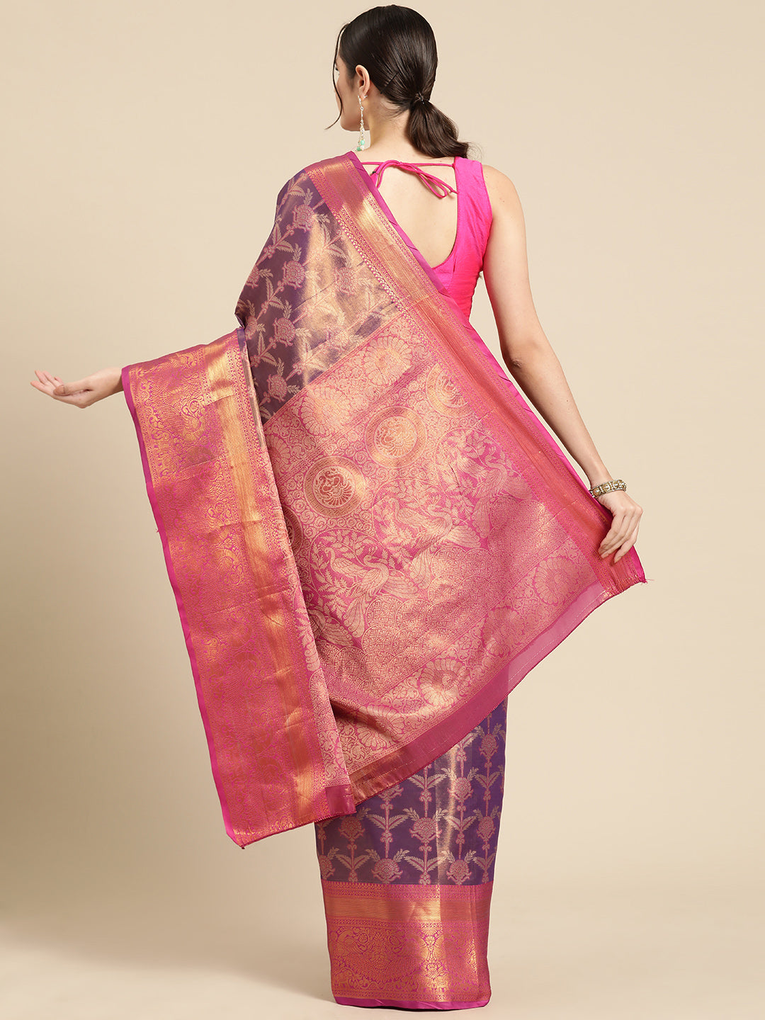 Purple Brocade Zari Woven Floral Saree with Blouse Piece