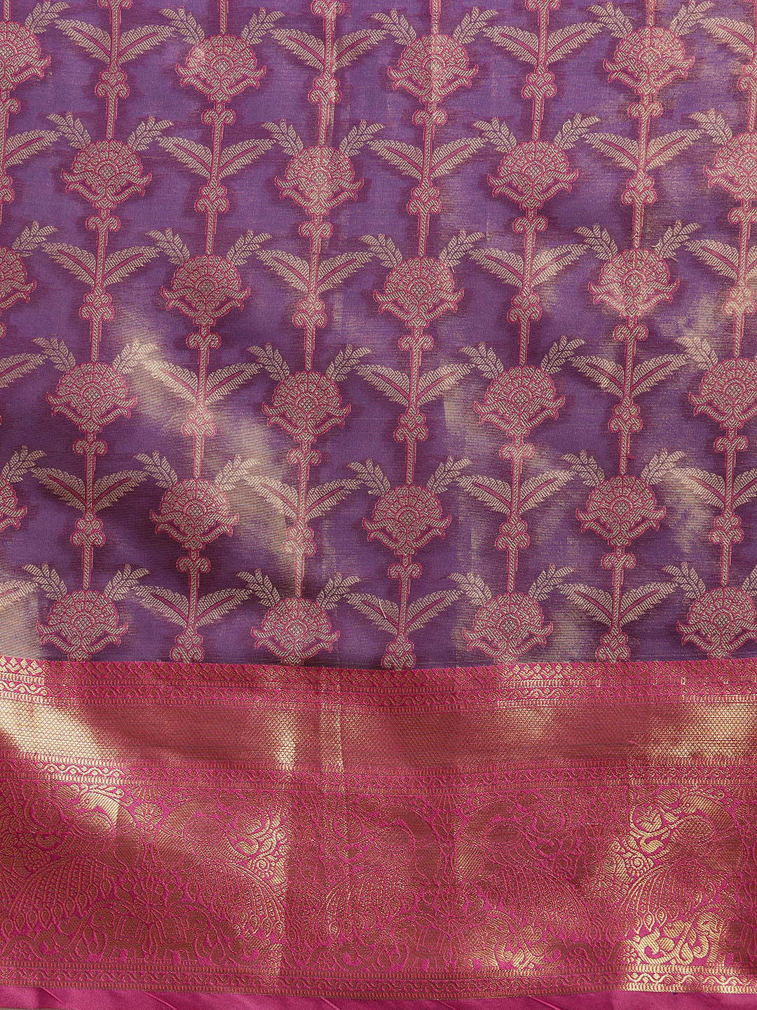 Purple Brocade Zari Woven Floral Saree with Blouse Piece