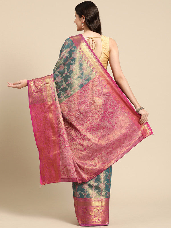 Turquoise Brocade Zari Woven Floral Saree with Unstitched Blouse - Hiral Fashion