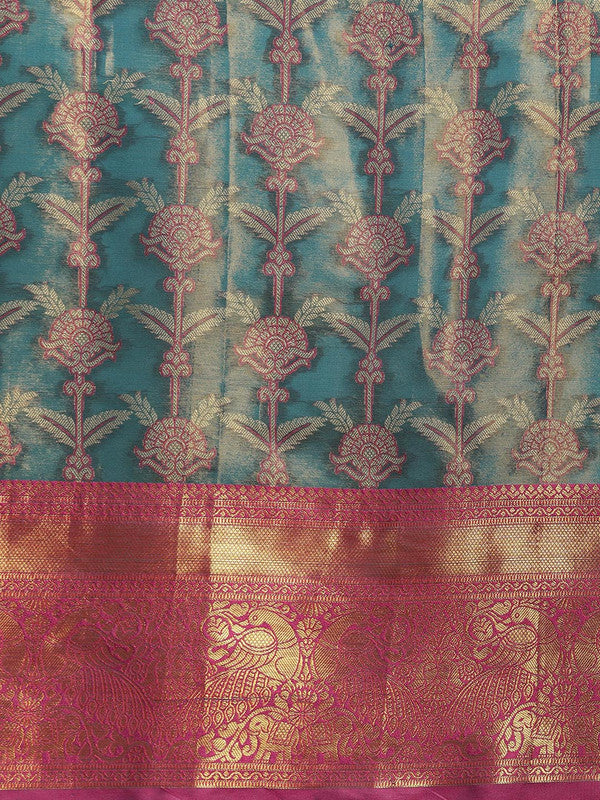 Turquoise Brocade Zari Woven Floral Saree with Unstitched Blouse - Hiral Fashion