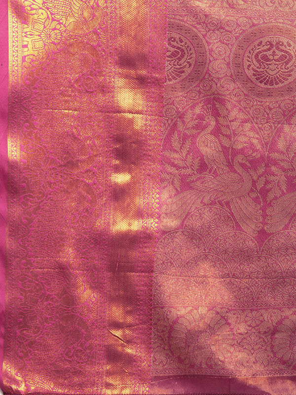 Turquoise Brocade Zari Woven Floral Saree with Unstitched Blouse - Hiral Fashion