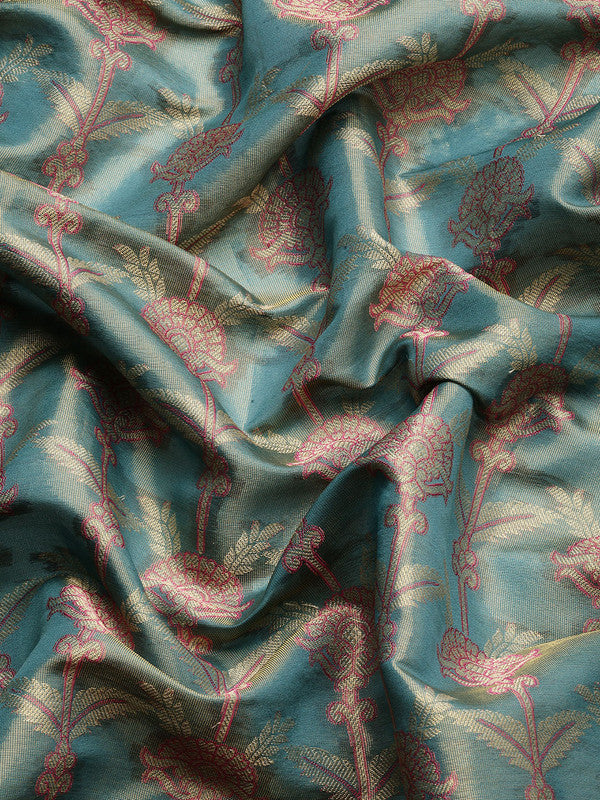 Turquoise Brocade Zari Woven Floral Saree with Unstitched Blouse - Hiral Fashion