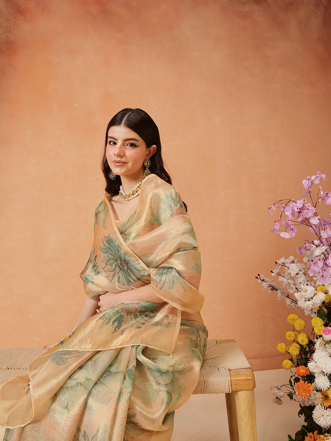 Beige Bollywood Cotton Tissue Saree with Digital Floral Print
