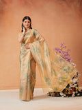 Elegant beige Bollywood cotton tissue saree with vibrant digital floral print