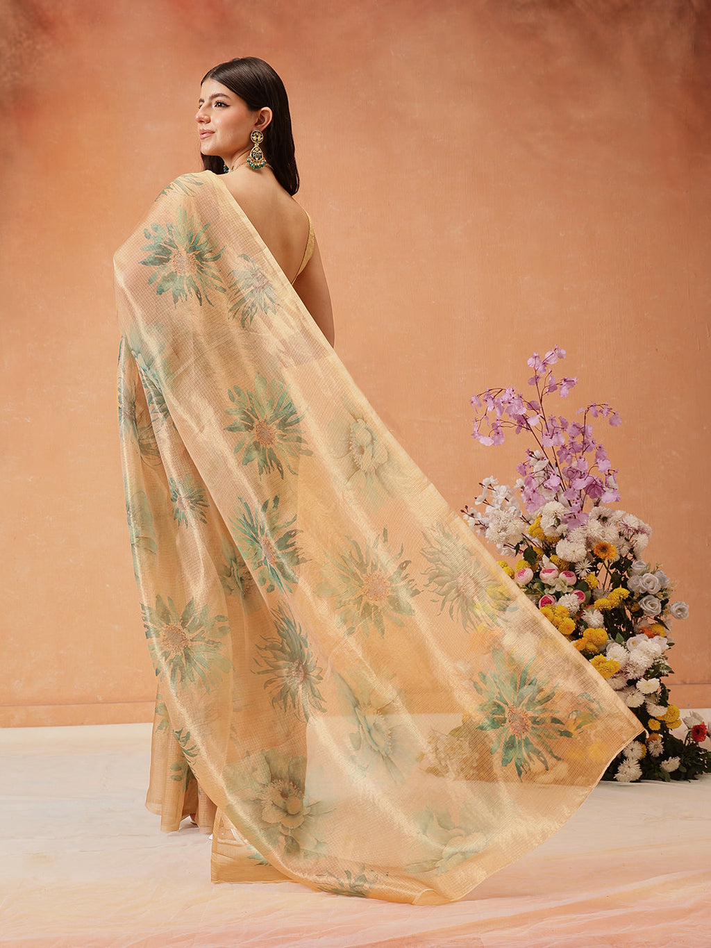 Beige Bollywood Cotton Tissue Saree with Digital Floral Print