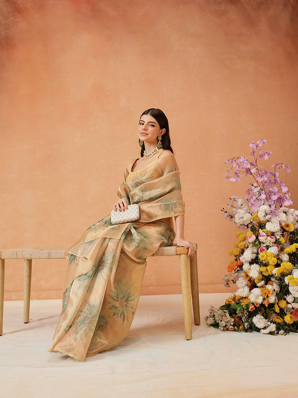 Beige Bollywood Cotton Tissue Saree with Digital Floral Print