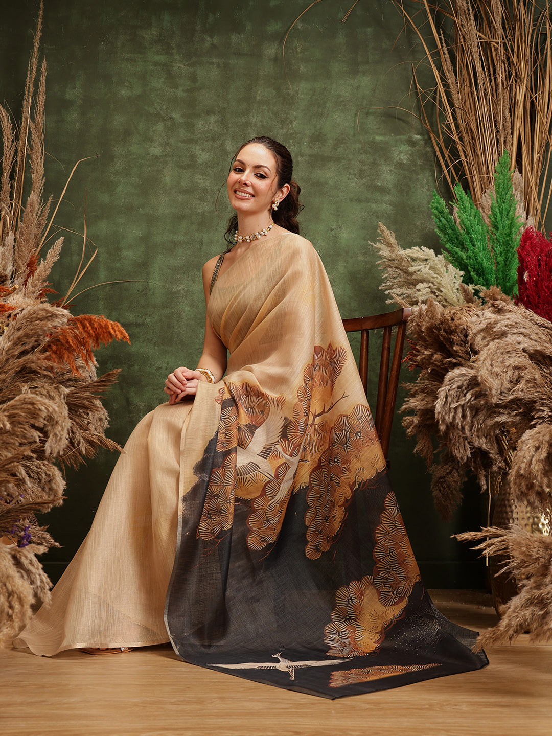 Beige Cotton Tissue Saree with Floral Digital Prints