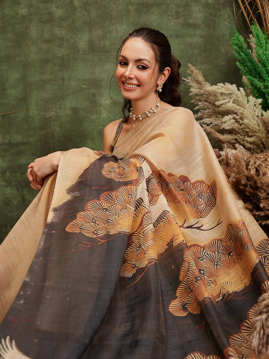 Beige Cotton Tissue Saree with Floral Digital Prints