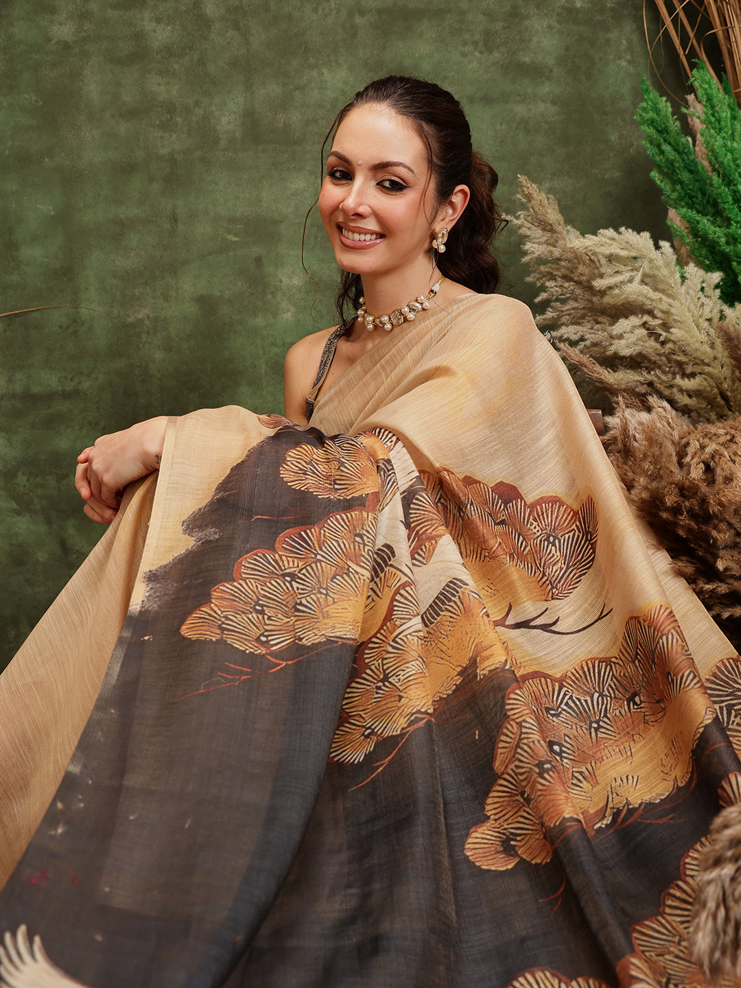 Beige Cotton Tissue Saree with Floral Digital Prints