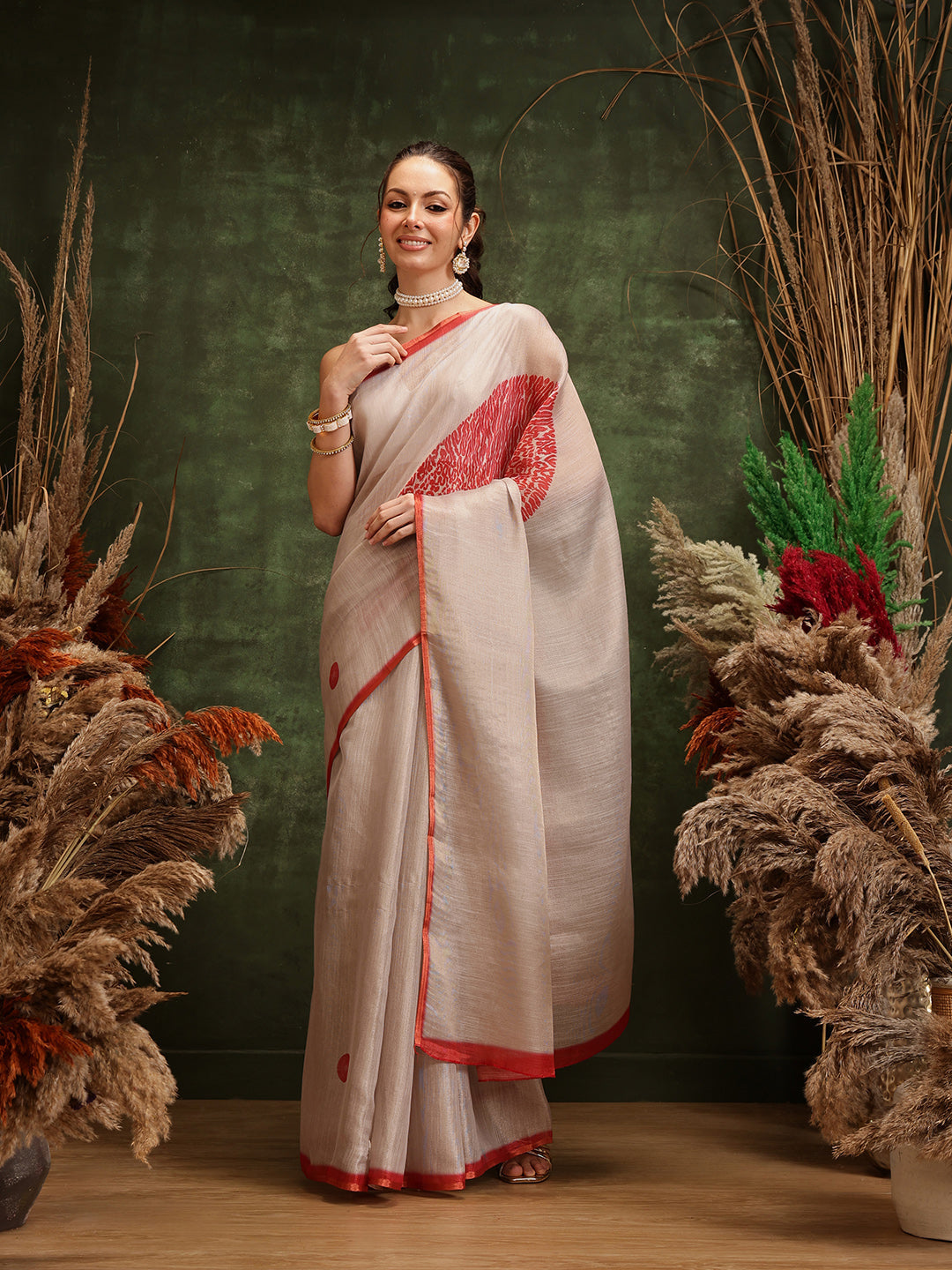 Cream Solid Cotton Tissue Bollywood Digital Printed Saree