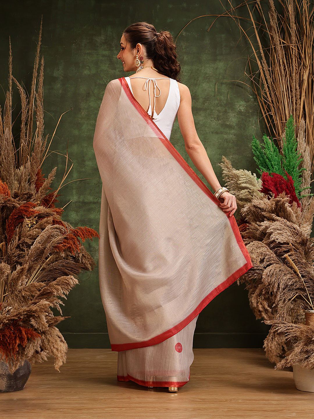 Cream Solid Cotton Tissue Bollywood Digital Printed Saree