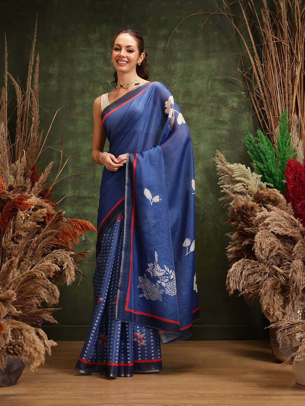 Navy Blue Bollywood Cotton Tissue Floral Digital Printed Saree
