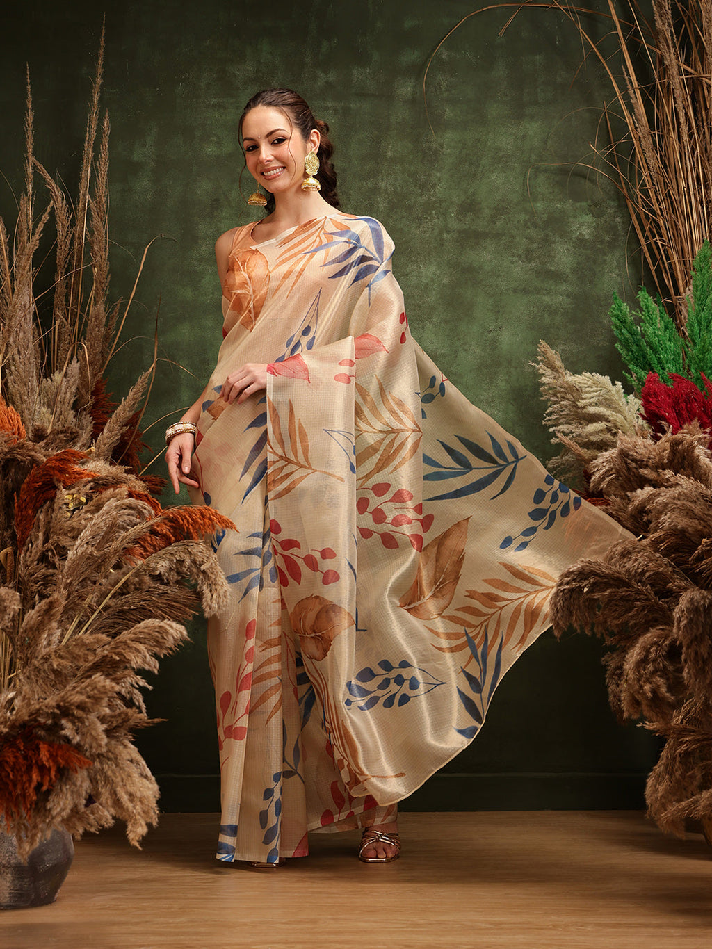Off White Cotton Tissue floral digital print saree