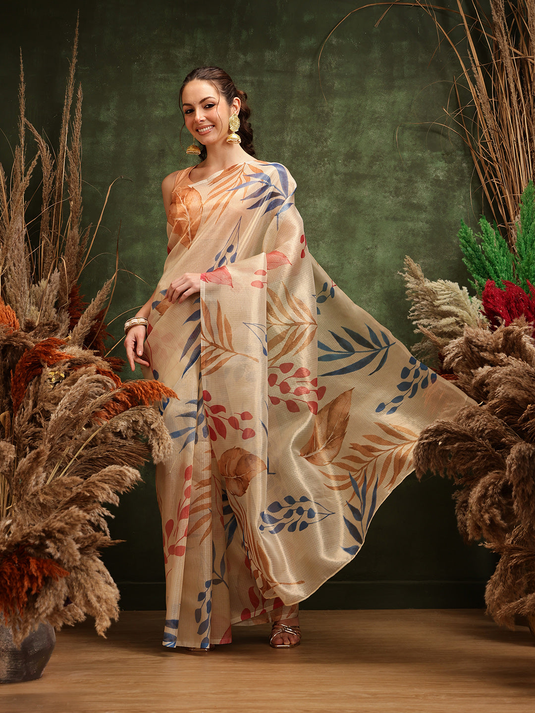 Off White Cotton Tissue floral digital print saree