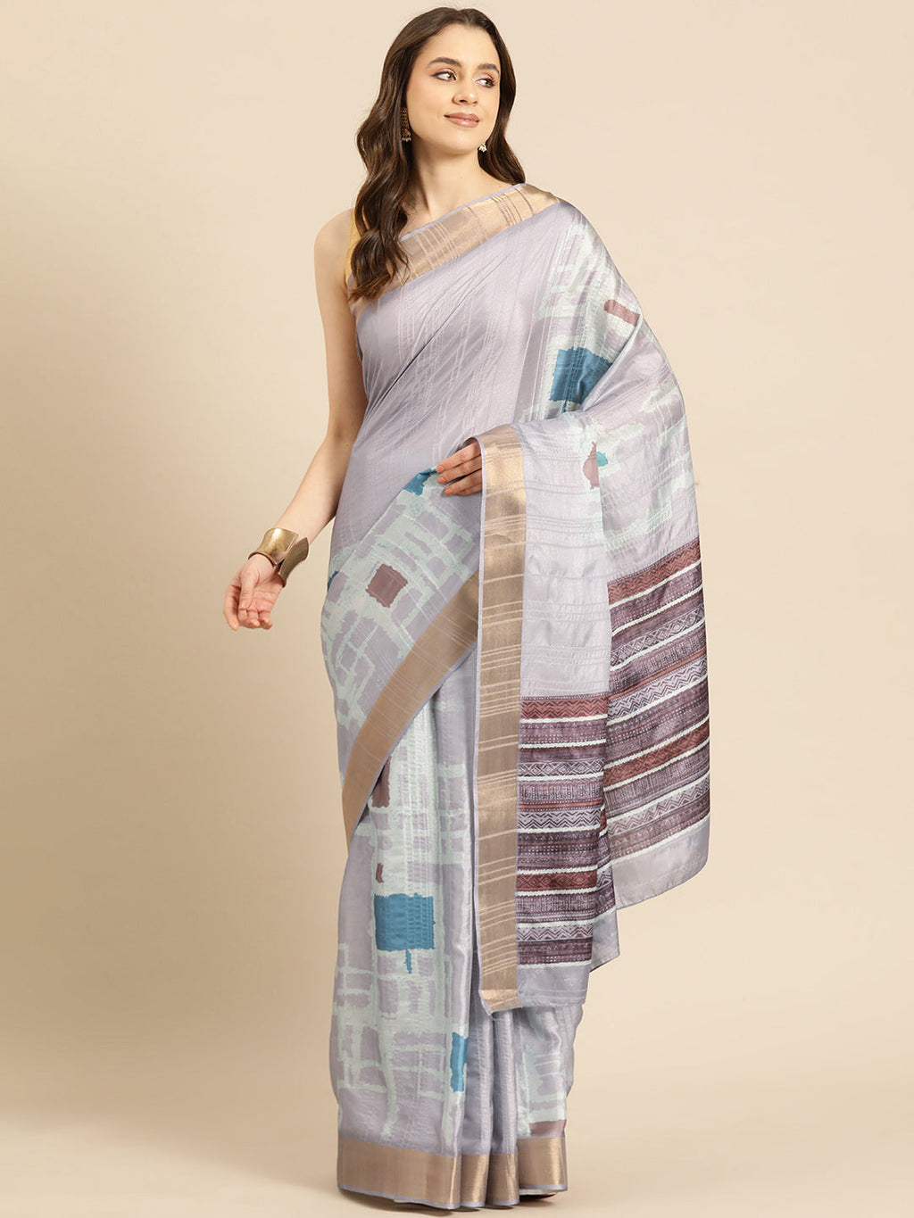 Lavender geometric printed silk blend saree with unstitched blouse piece