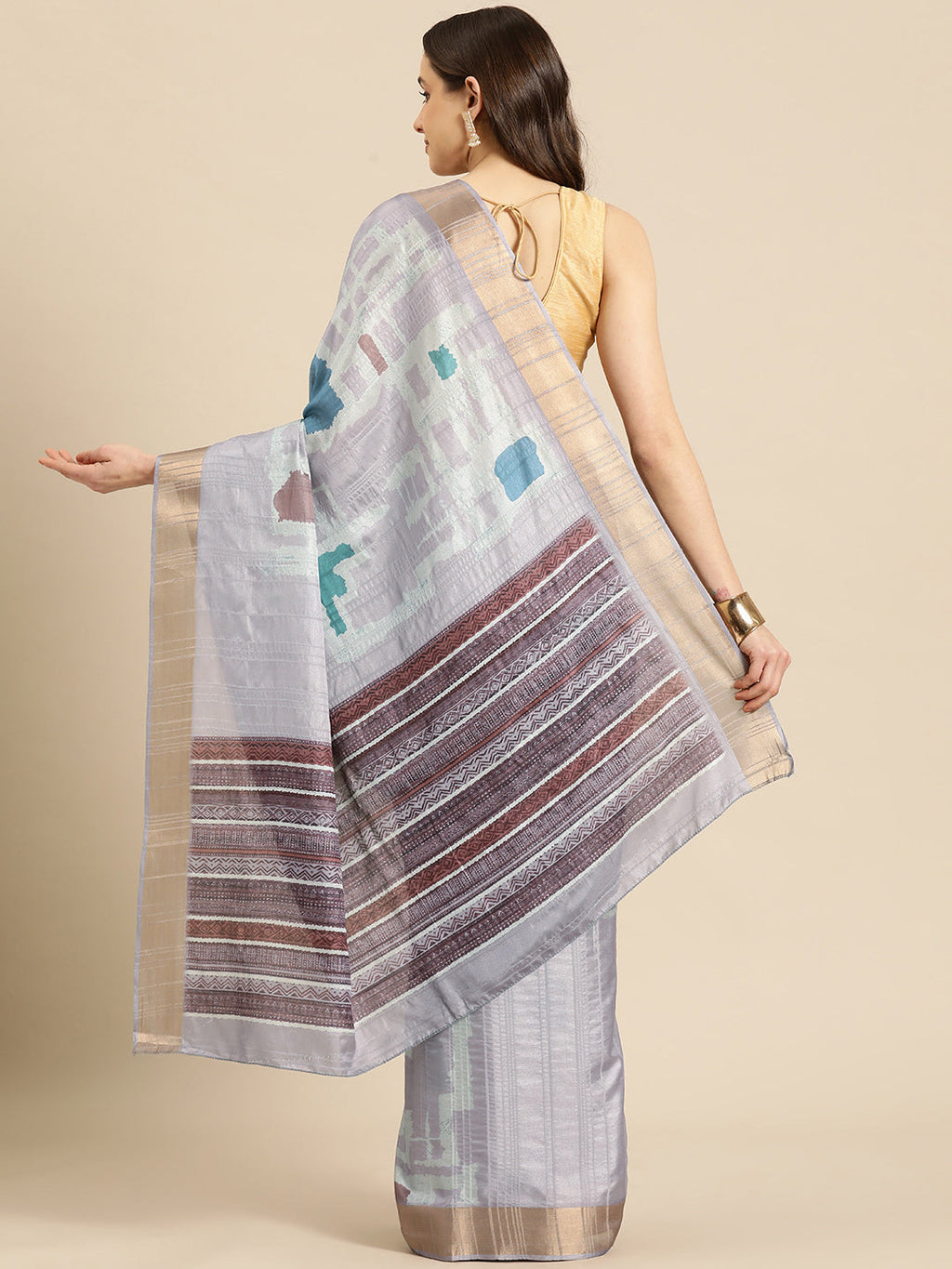 Lavender Silk Blend Geometric Print Saree with Unstitched Blouse