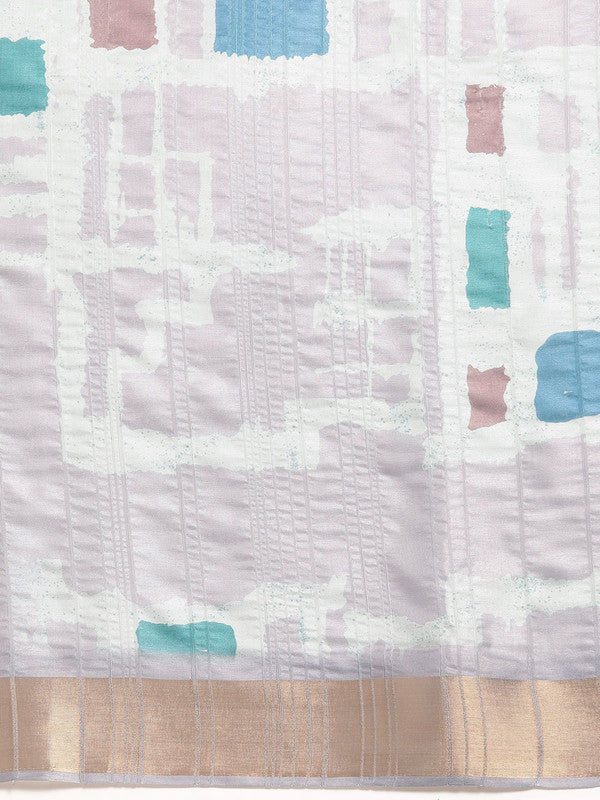 Lavender Silk Blend Geometric Print Saree with Unstitched Blouse