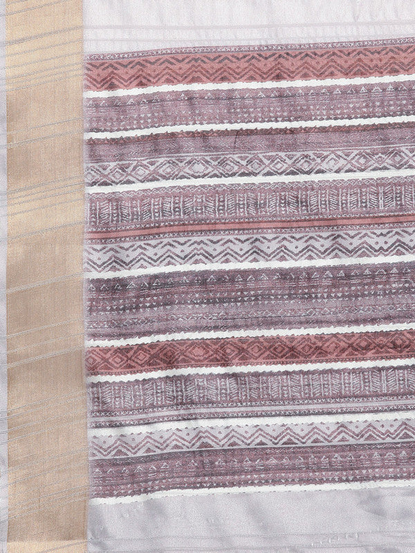 Lavender Silk Blend Geometric Print Saree with Unstitched Blouse