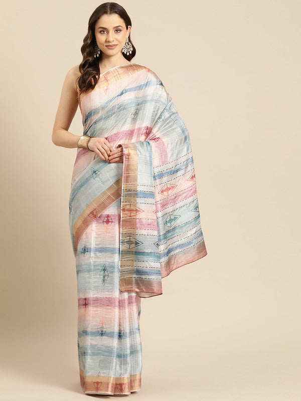Multicolor silk blend geometric printed saree with matching unstitched blouse