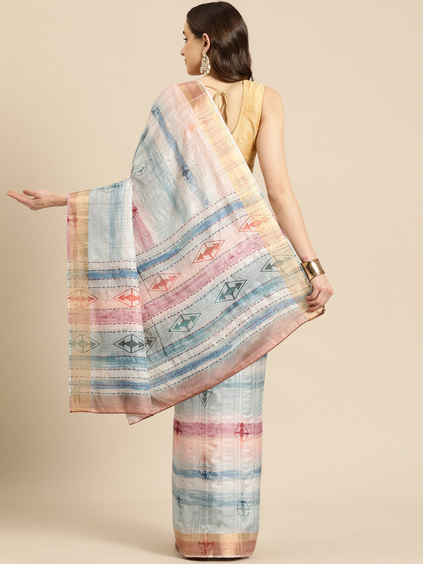 Multicolor Silk Blend Geometric Print Saree with Unstitched Blouse