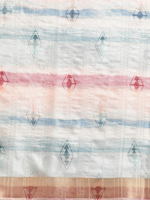 Multicolor Silk Blend Geometric Print Saree with Unstitched Blouse