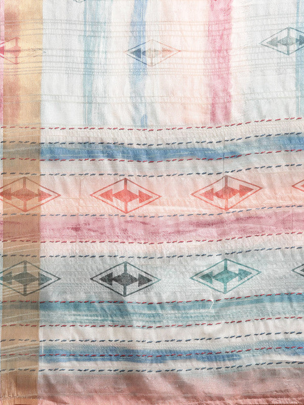 Multicolor Silk Blend Geometric Print Saree with Unstitched Blouse
