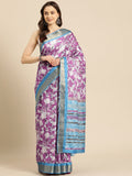Purple silk blend saree with floral digital print and matching unstitched blouse piece
