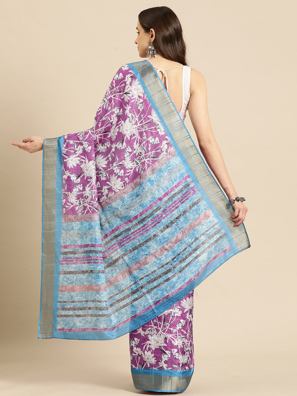 Purple Silk Blend Floral Digital Print Saree with Unstitched Blouse