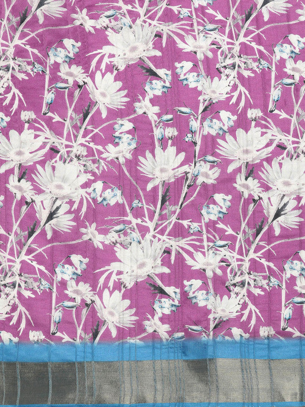 Purple Silk Blend Floral Digital Print Saree with Unstitched Blouse