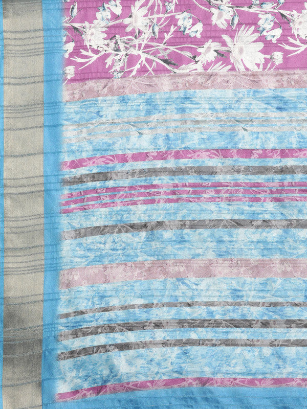 Purple Silk Blend Floral Digital Print Saree with Unstitched Blouse