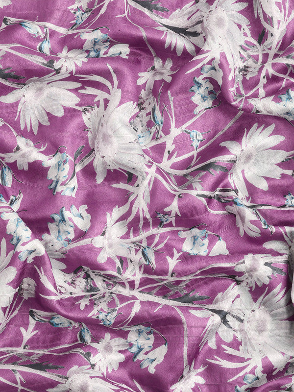 Purple Silk Blend Floral Digital Print Saree with Unstitched Blouse