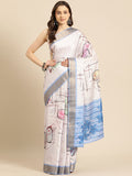 White silk blend saree with geometric print and unstitched blouse