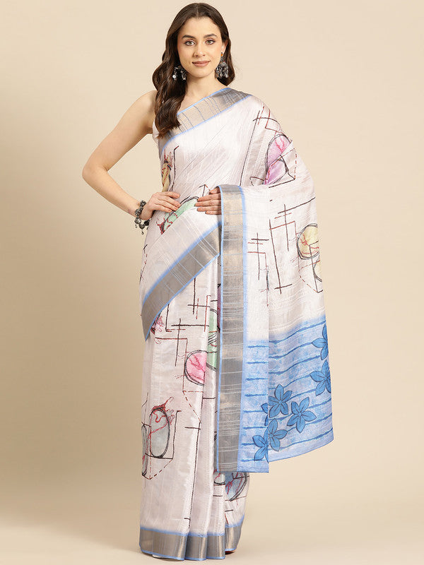 White silk blend saree with geometric print and unstitched blouse