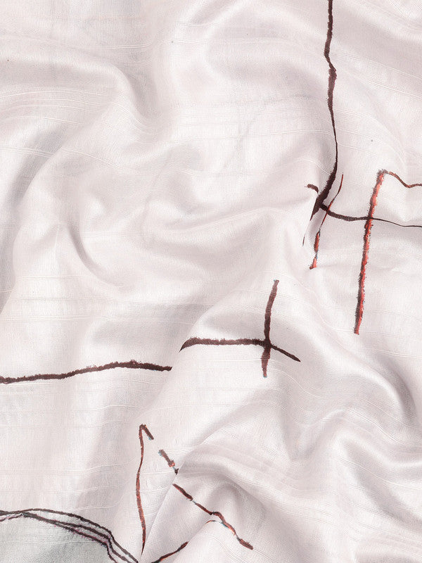 White Silk Blend Geometric Printed Saree with Unstitched Blouse