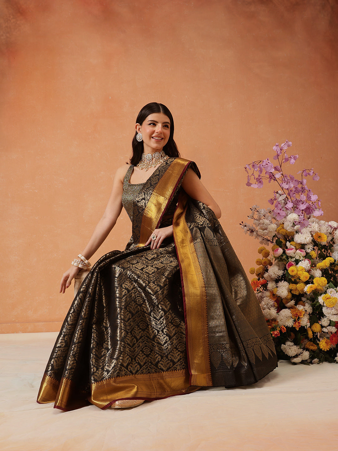 Black Kanjeevaram Banarasi Silk Ikkat Woven Design Saree