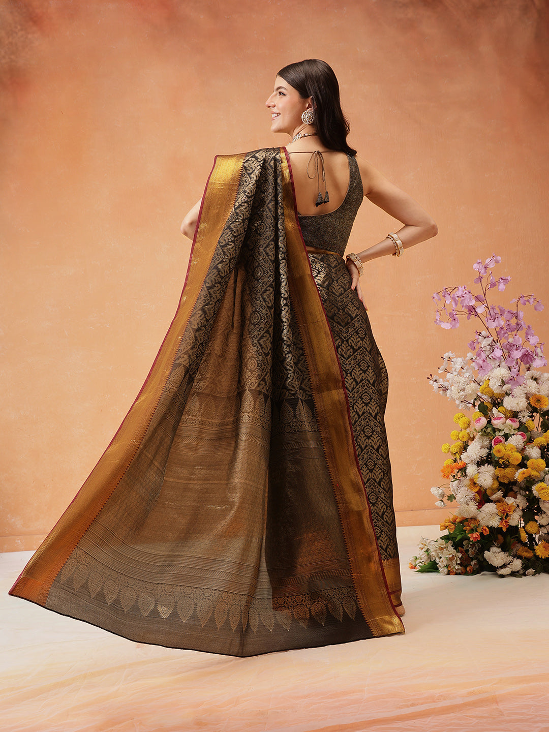 Black Kanjeevaram Banarasi Silk Ikkat Woven Design Saree