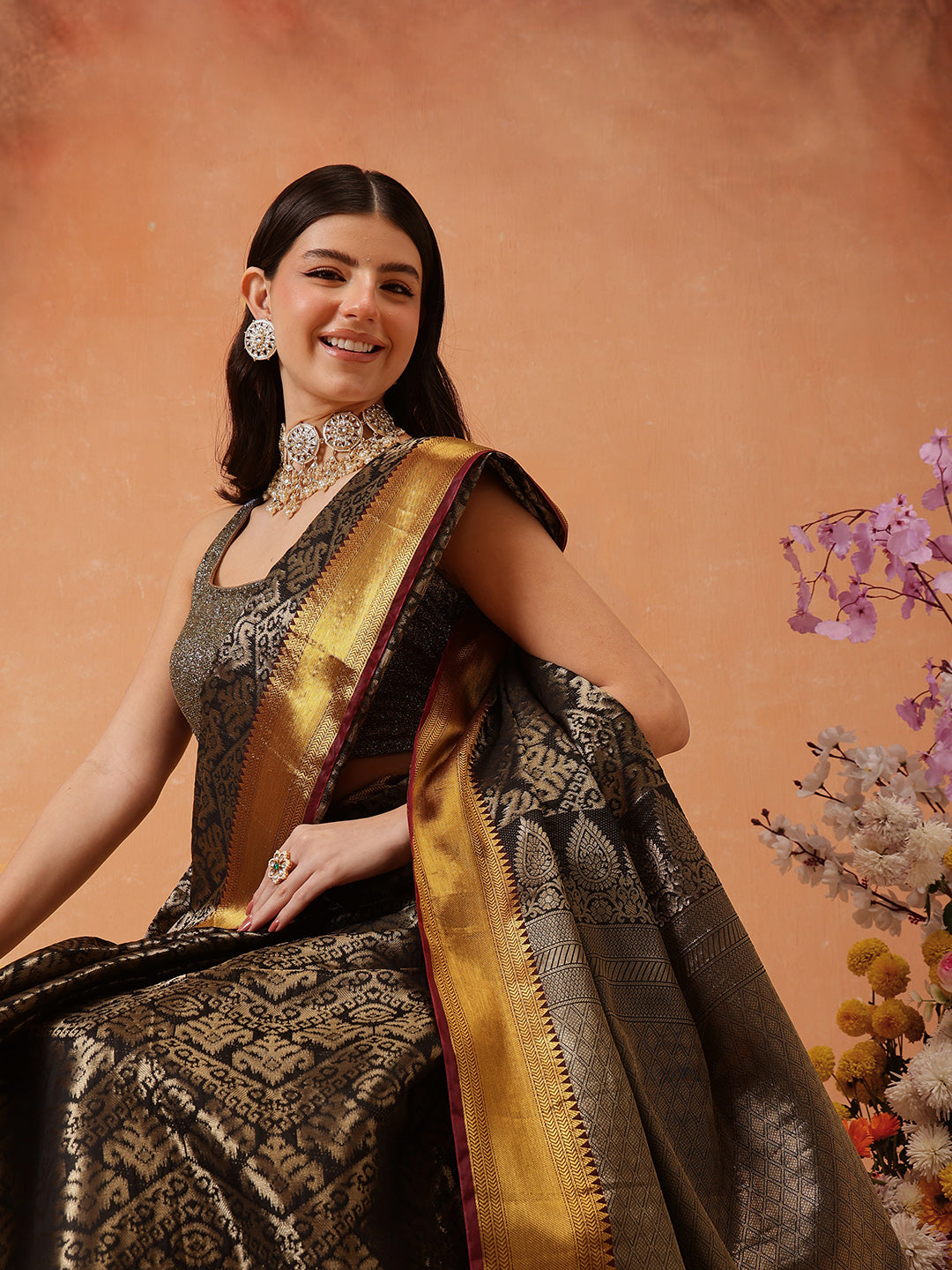 Black Kanjeevaram Banarasi Silk Ikkat Woven Design Saree