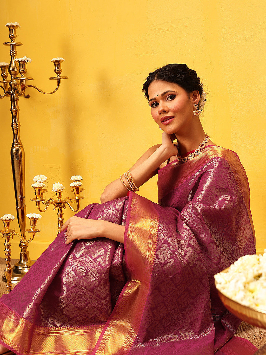 Pink Kanjeevaram Banarasi Silk Saree with Traditional Ikkat Weave