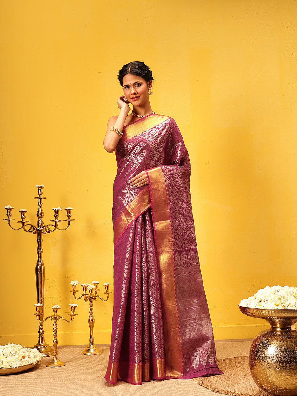 Pink Kanjeevaram Banarasi Silk saree with traditional Ikkat woven patterns