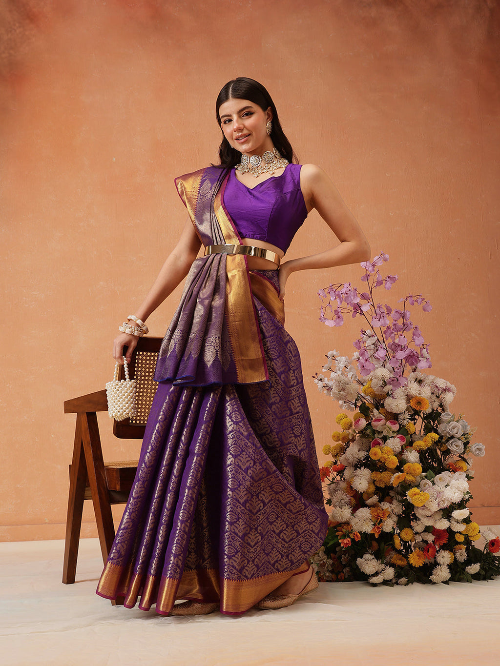 Purple Kanjeevaram Banarasi Silk saree with detailed Ikkat woven weave