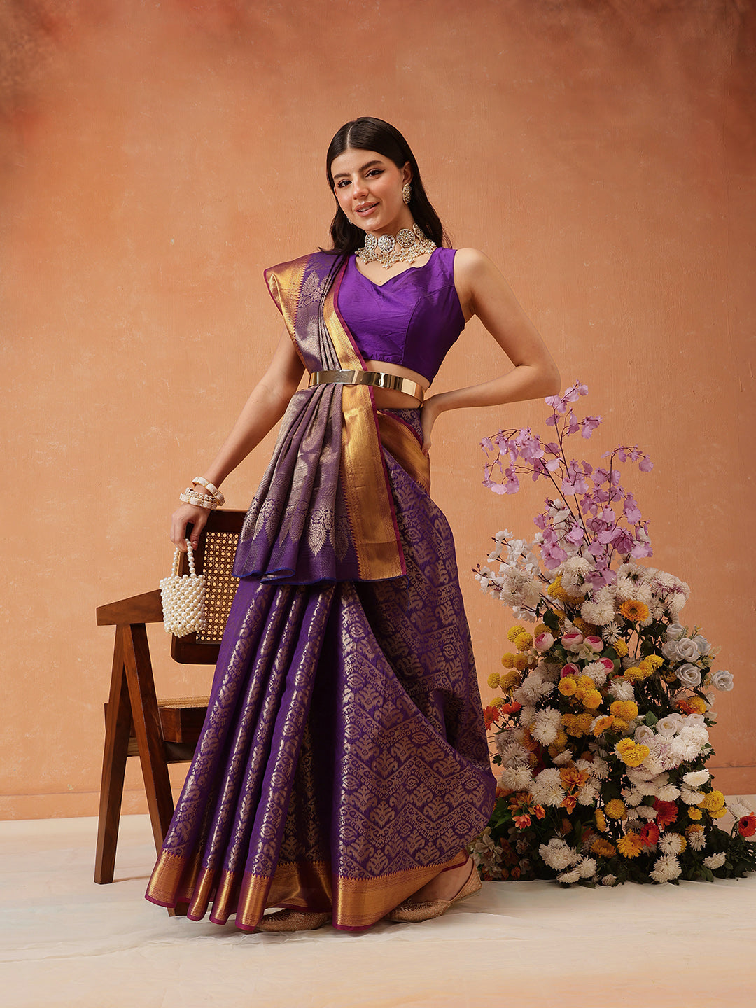 Purple Kanjeevaram Banarasi Silk saree with detailed Ikkat woven weave