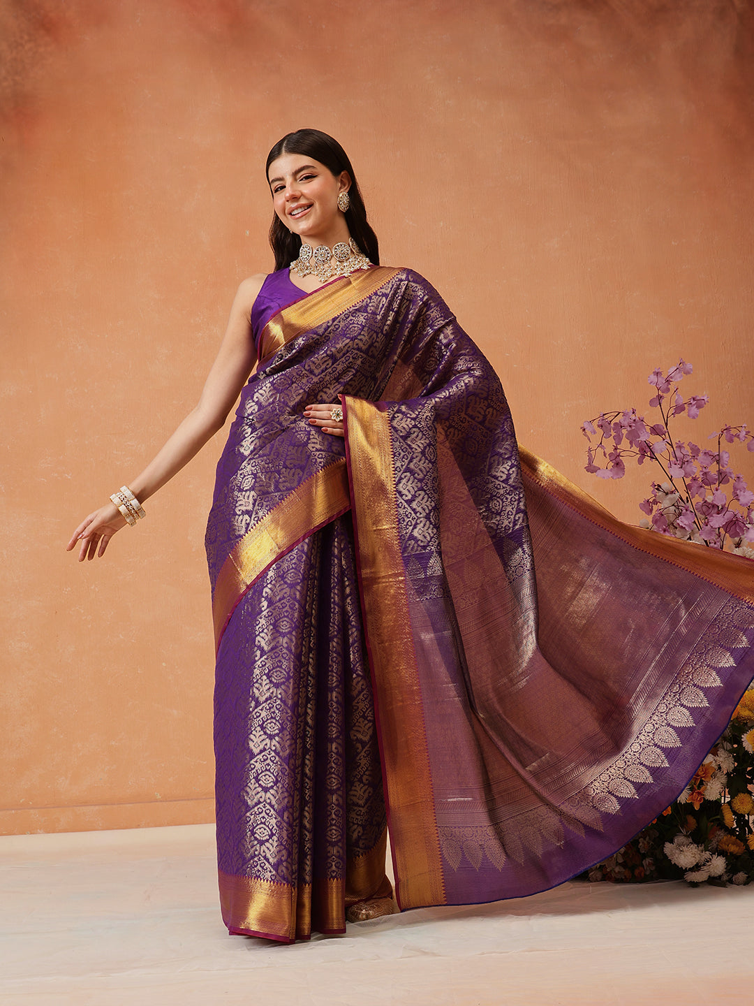 Purple Kanjeevaram Banarasi Silk Saree with Ikkat Woven Pattern