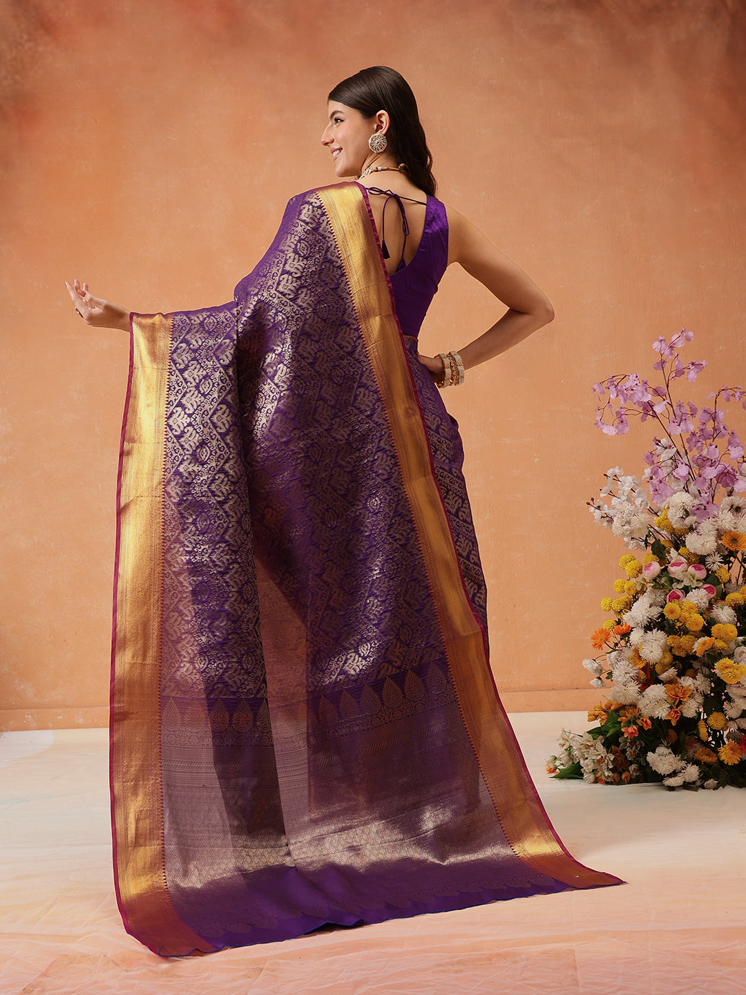 Purple Kanjeevaram Banarasi Silk Saree with Ikkat Woven Pattern